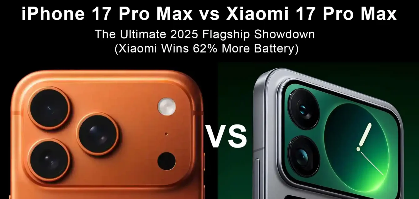 iPhone 17 Pro Max vs Xiaomi 17 Pro Max side-by-side comparison showing design differences and specifications