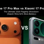 iPhone 17 Pro Max vs Xiaomi 17 Pro Max side-by-side comparison showing design differences and specifications