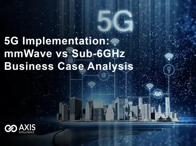 5G Implementation Comparison chart showing 5G mmWave vs Sub-6GHz deployment costs with ROI timeline from 2025 to 2030