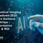 AI medical imaging comparison showing GE Healthcare Siemens Healthineers and Philips diagnostic equipment with performance metrics 2025