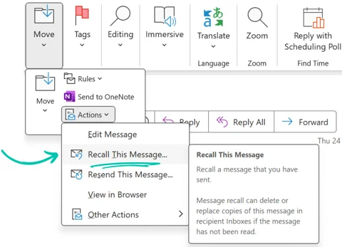 How to Recall an Email in Outlook | Guide 2025 Complet en Français 2 2. Accéder aux actions de rappel
Dans le ruban, cliquez sur « Actions » > « Rappeler ce message ».
Sinon : Clic droit sur le message > « Actions » > « Rappel ».