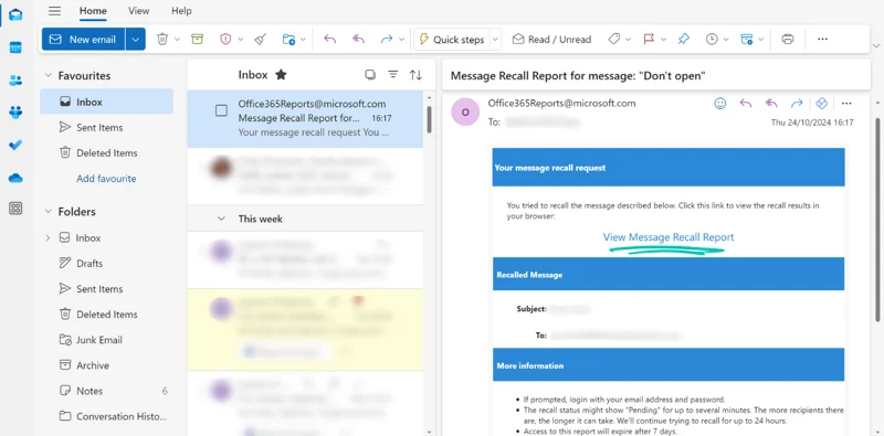 How to Recall an Email in Outlook | Guide 2025 Complet en Français 7 4. Suivre l'état du rappel
Un rapport de rappel est envoyé dans votre boîte de réception.
Vous pouvez vérifier si le rappel est réussi, en attente ou échoué.
