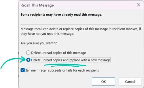 How to Recall an Email in Outlook | Guide 2025 Complet en Français 8 Remplacer un message Outlook au lieu de le supprimer
Une option propose de « Supprimer les copies non lues et les remplacer ». Elle permet de :
Supprimer le message original (si non lu).
Envoyer une version corrigée à la place.