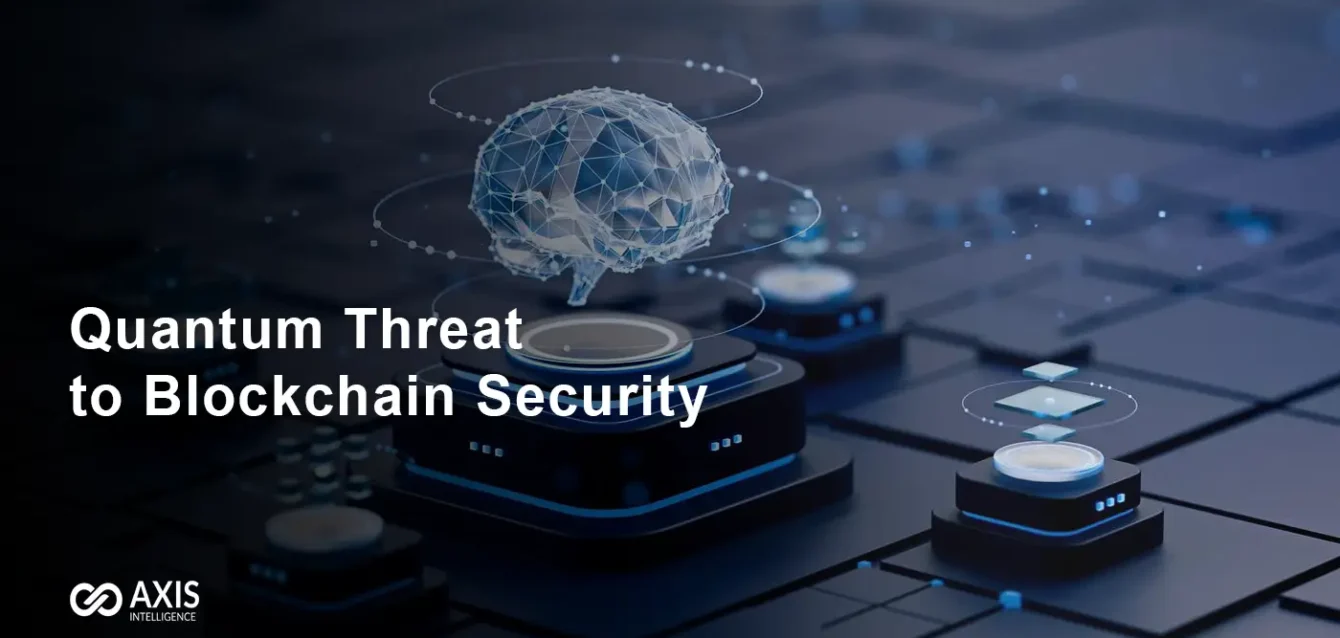Quantum threat to blockchain security visualization showing quantum computer attacking cryptocurrency networks
