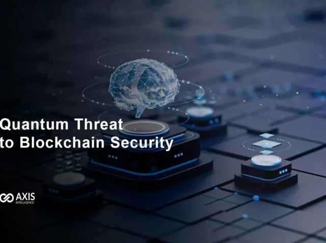 Quantum threat to blockchain security visualization showing quantum computer attacking cryptocurrency networks