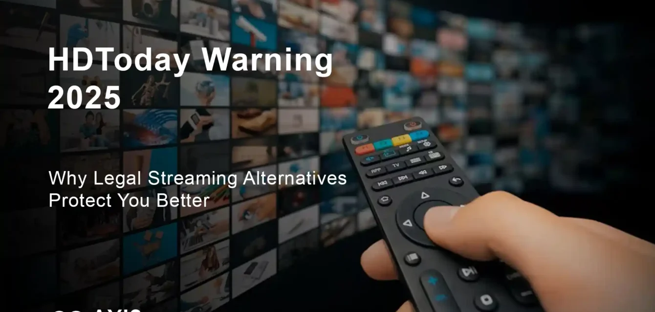 Warning about HDToday risks with comparison showing legal streaming alternatives like Tubi, Netflix, and Pluto TV