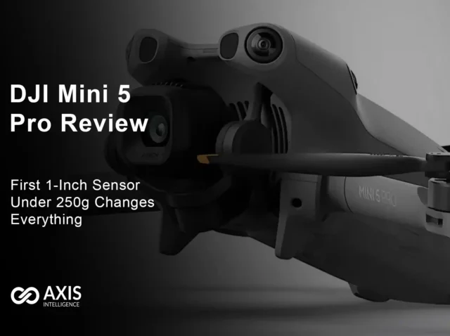 DJI Mini 5 Pro drone with 1-inch sensor and LiDAR system shown in compact folded design