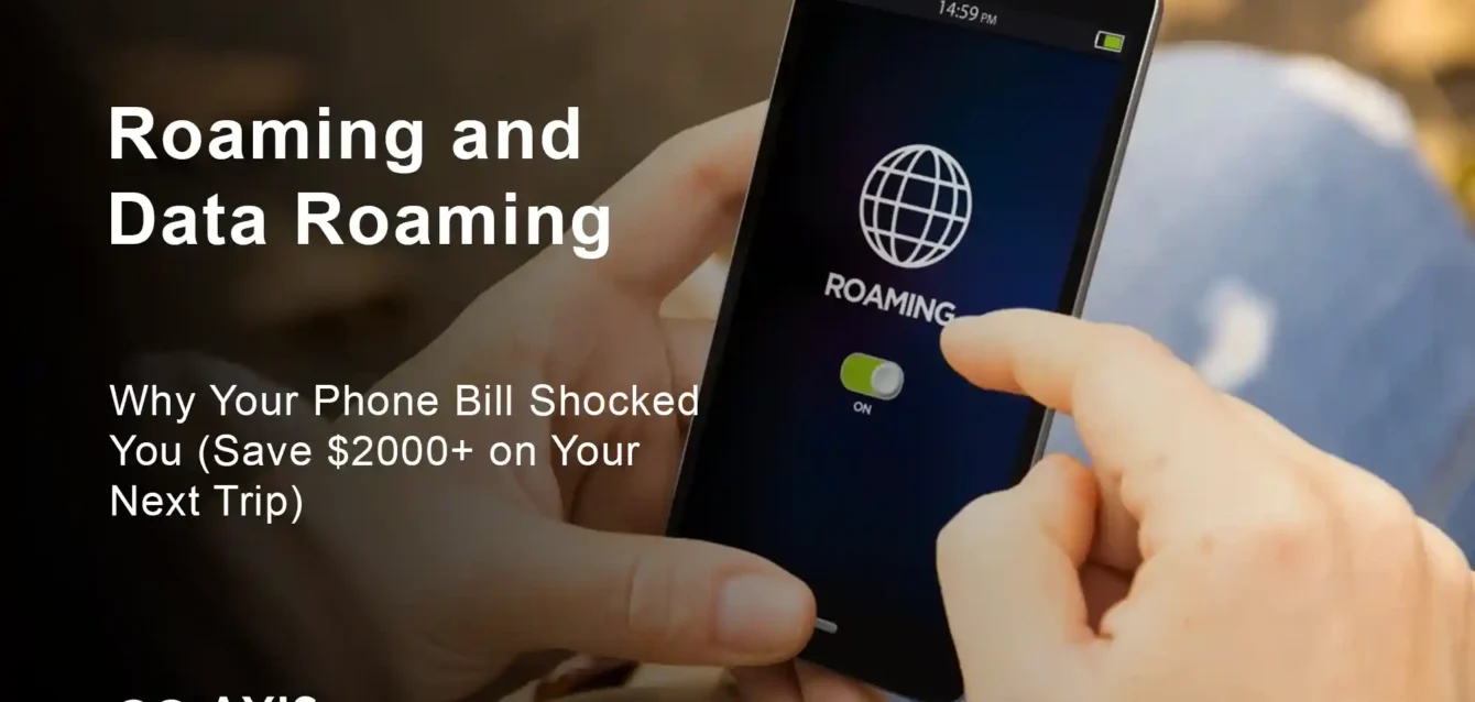 Shocked traveler looking at expensive roaming and data roaming charges on phone bill showing $2000+ costs