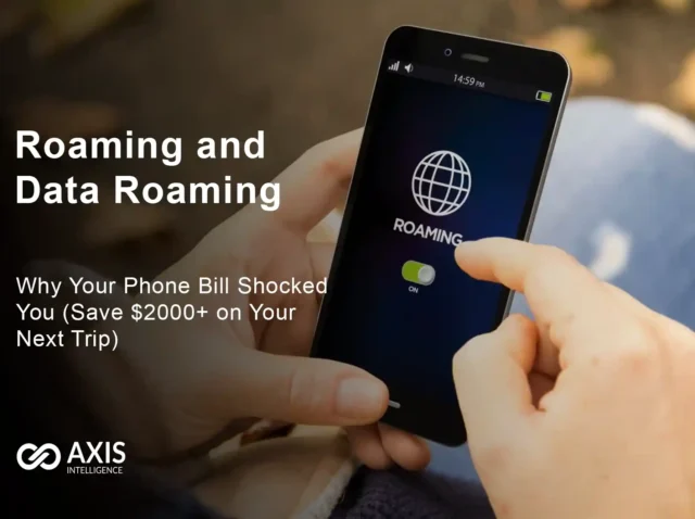 Shocked traveler looking at expensive roaming and data roaming charges on phone bill showing $2000+ costs