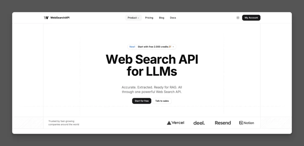 WebSearchAPI.ai best api search company's homepage 2026