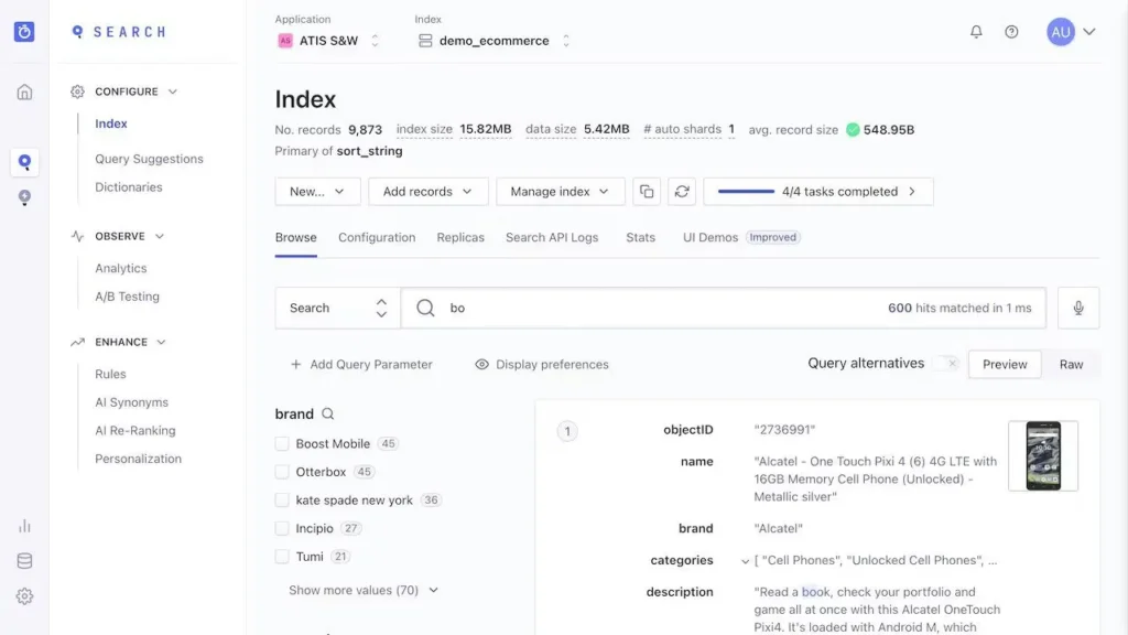 Algolia best api search company's homepage 2026