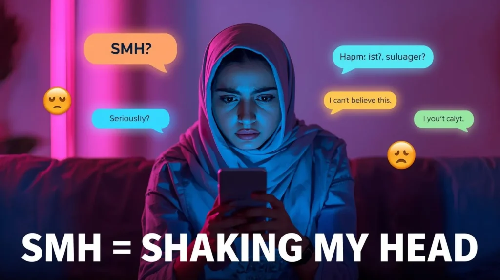 what-does-smh-mean What Does SMH Mean in Texting? SMH stands for "Shaking My Head" — used to express disappointment or disbelief in texts and social media. See real examples, SMDH explained, and when not to use it.
