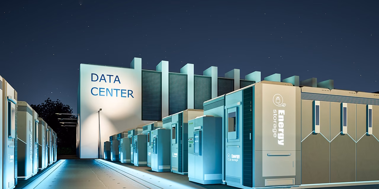 data-center-battery-storage-statistics-update Data center battery storage statistics 2026 — lithium-ion BESS racks in a hyperscale data center facility AI data center battery energy storage system installed in a server room with power management infrastructure