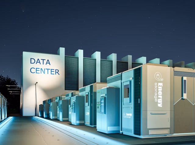 data-center-battery-storage-statistics-update Data center battery storage statistics 2026 — lithium-ion BESS racks in a hyperscale data center facility AI data center battery energy storage system installed in a server room with power management infrastructure