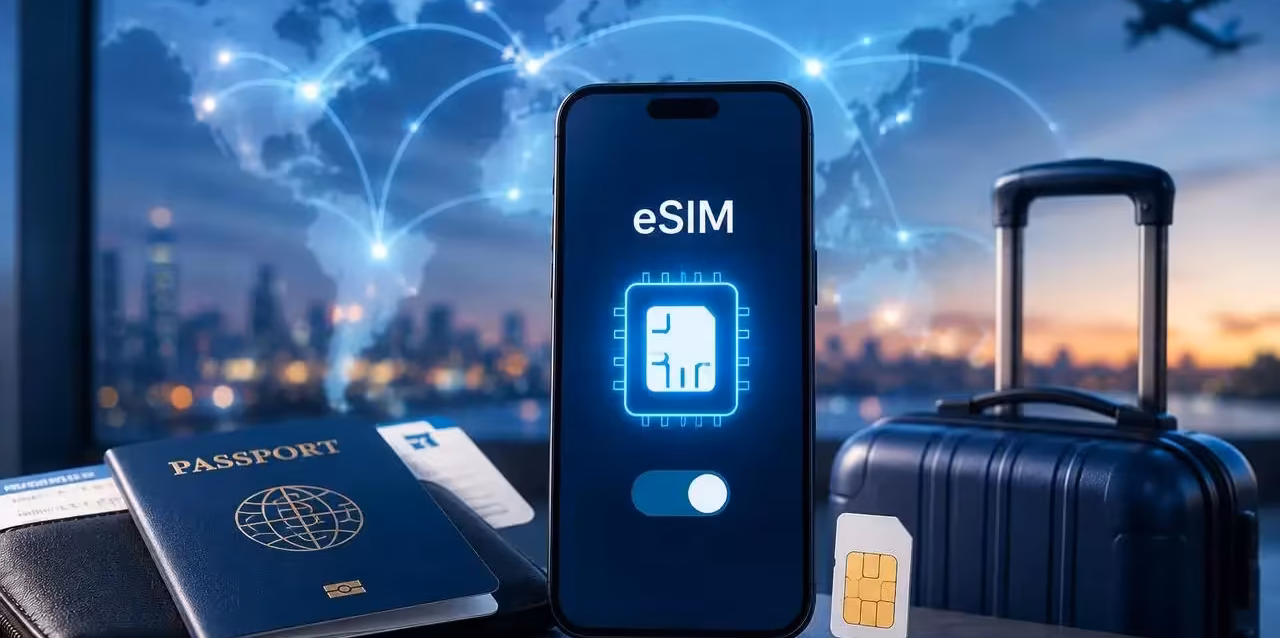 Travel eSIM statistics 2026 chart comparing a $84 carrier day pass with an $8.99 travel eSIM for a seven-day, 3 GB trip Axis Travel Roaming Premium Index 9.6 — international roaming cost per GB versus travel eSIM price per GB
